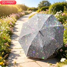 1Pc 2D Printed Silver Glitter Galaxy Auto Folding Umbrella, 8-Rib Iron Frame With Good Stability, Sturdy & Durable, Compact & Portable Design, Unisex, Great For Commute, Travel And Outdoor Activities - Silver With Bag - View 2
