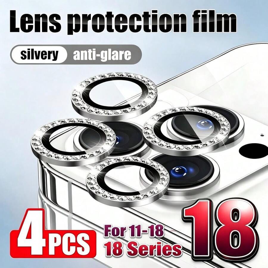 Yezodawee 4pcs Silver Camera Lens Protector Film, Compatible With Phone 18 Pro Max/Phone 17 Pro Max/14/15/16/17/Pro/Pro Max, Shiny Transparent Upgraded Camera Sticker, Suitable For 17/16/15/14/Pro/Pro Max Lens, Shiny Crystal Lens Protector Film, Phone Accessories, Waterproof, Shockproof, Anti-Drop, Anti-Scratch, Anti-Fingerprint, Full Coverage - Silver - View 1