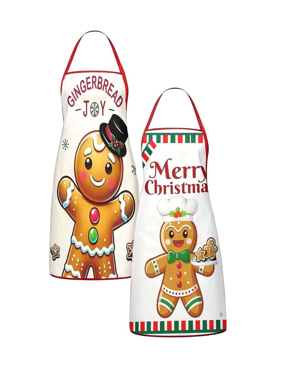 2Pcs Christmas Gingerbread Man Kitchen Apron, Merry Christmas Chef Cookie Printed Adjustable Cooking Apron, Xmas Holiday Kitchen Decor Christmas Gift - Multicolor - View 1