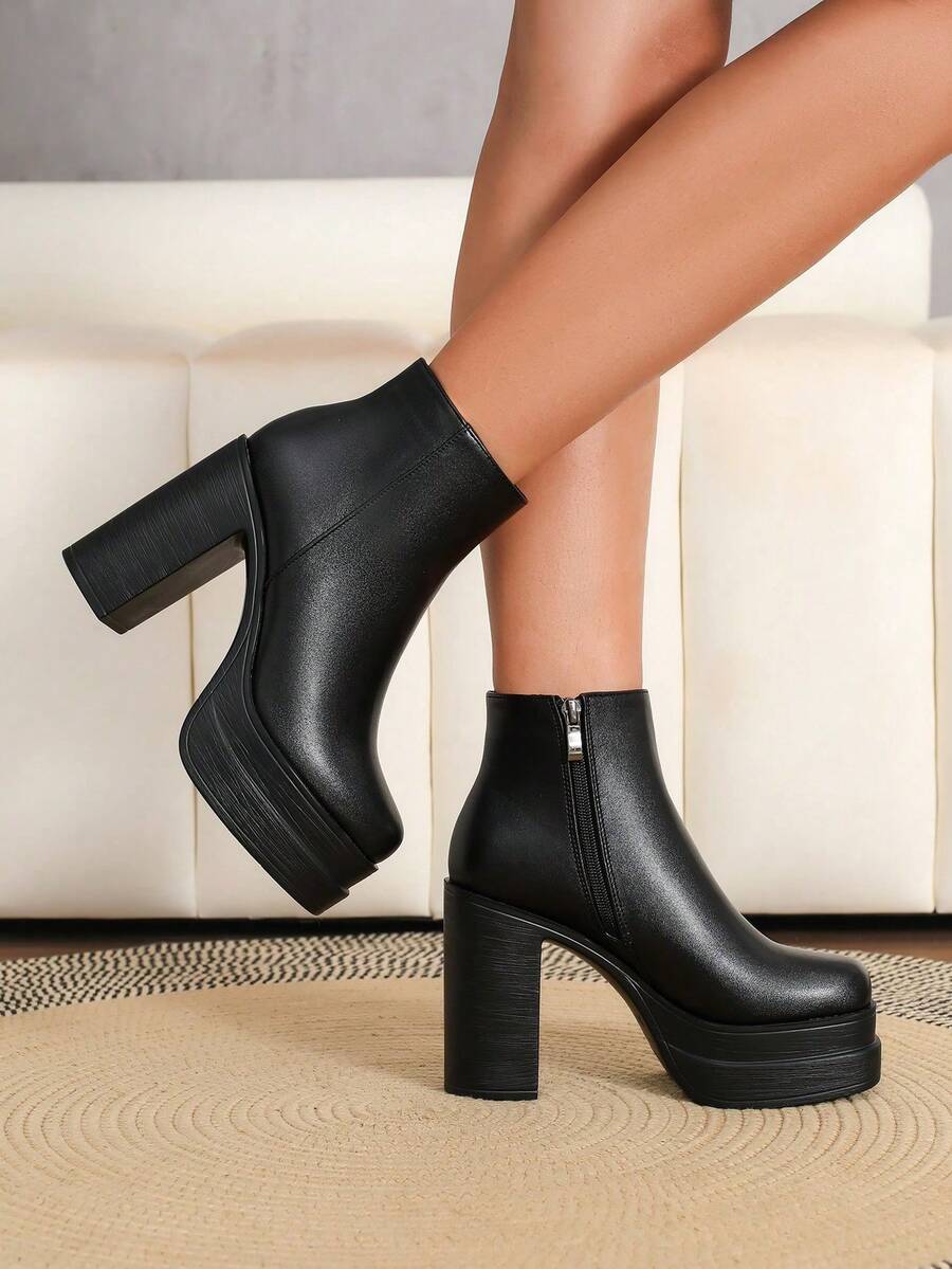 1 Pasang Sepatu Bot Ankle Platform Sol Tebal dengan Resleting Samping Seksi Warna Polos, Tahan Air, Sol Tebal, Cocok untuk Aktivitas Luar Ruangan Musim Gugur dan Musim Dingin - Hitam - View 1