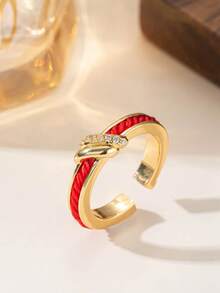 1PC Exquisite Festive Red String Cubic Zirconia Open Ring, Suitable For Women's Daily, Holiday, Party, Gift. - Gold - View 2
