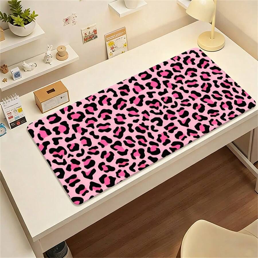 1pc Retro Bright Pink Leopard Print Extended PU Leather Large Desk Mat, 2D Printed Washable Non-Slip Rectangular Keyboard Leather Mouse Pad, Aesthetic Halloween Animal Mat For Home Office School Gamers - View 1