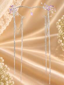 KOVLYNE 1pc Luxurious Rhinestone Floral Hair Chain, Purple Crystal Pearl Forehead Ornament With Draping Chain, Elegant Bridal Hair Accessory, Suitable For Wedding, Graduation Ball, Party And Special Occasions - Silver - View 3