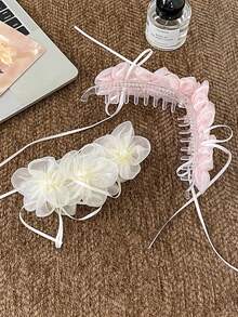 1/2PCS Elegant Mesh Flower Banana Clip Fashion Faux Pearl Ribbon Ponytail Hair Clip Versatile Hair Accessory For Women - Multicolor - View 5