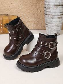 1 Pair Kids Leather Buckle Short Boots Soft PU Dual Hook & Loop + Inner Zipper Design Maillard Style Motorcycle Boots Suitable For Daily School Outdoor Autumn Winter New Arrival - Coffee Brown - View 4