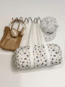 Cute White Allover Cartoon Bear Print Cylindrical Duffle Bag, Large Portable Shoulder Weekender Bag For Gym Sports Short Overnight Travel - Multicolor - View 7