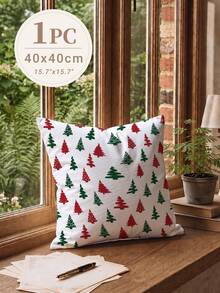 Christmas Minimalist Red & Green Christmas Tree Pattern Waffle Fabric Cushion Cover, Single Side Printed Soft Waffle Polyester Material, Waffle Pillowcase Suitable For Room Decoration, Modern Minimalist Sofa Living Room Decor, Gift Giving, Party Decoration - Multicolor - View 11
