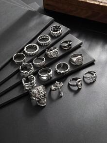 16pcs/Set Vintage Punk Gothic Style Multi-Element Combination Ring Set, Metal Skull Cross Decor Rings, Men's Rock Street Fashion Accessories - Antique Silver - View 3