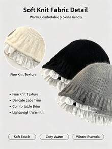 Women's Lace Trim Knitted Bucket Hat, Vintage Ruffle Edge Basin Hat, Soft Warm Woolen Cap For Autumn/Winter, Daily Outing Atmosphere Hat, 3 Colors Available - Multicolor - View 4