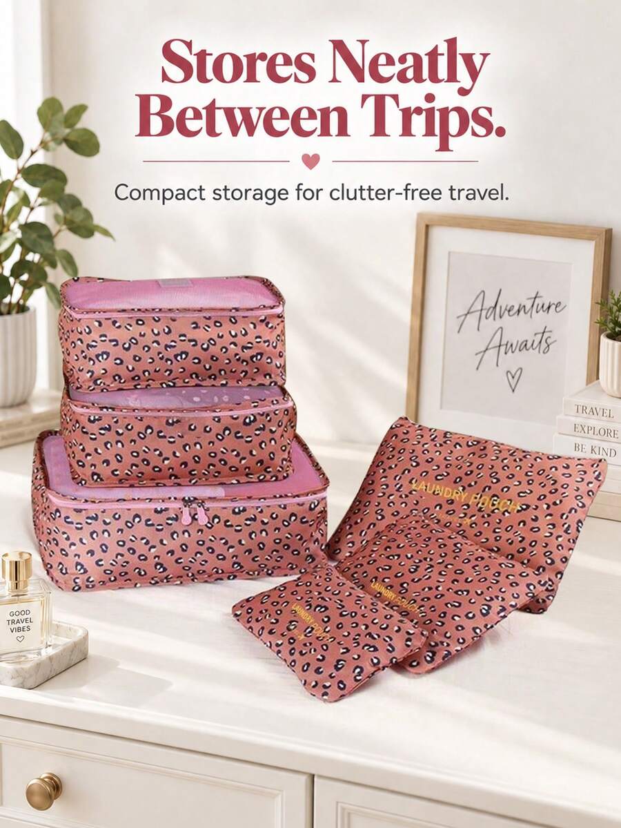 Waterproof Luggage Travel Storage Set 6pcs Floral Pattern, Colorful 6pcs Portable Zippered Travel Clothing Organizer, Oxford Cloth Simple Style For College Dorm Suitcase Interior (All Printed Letters Random)