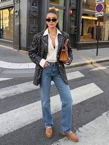 Women Fall Winter French Lapel Sequin Jacket Rhinestone Buttons Long Sleeve Padded Shoulde Gathering New Year Getaway Chic Sleek Versatile Outfit - Black - View 3