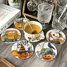 萬聖節趣味南瓜杯墊套組，卡通幽靈與南瓜印花圓形隔熱墊，派對桌面裝飾，創意萬聖節禮物 - PET杯墊-2767 - 查看 4