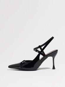 2026 New Red Midsole Fabric Women's High Heel Pumps, Stiletto Heel, Pointed Toe, Elegant Open Back Slingback Sandals - Black - View 4