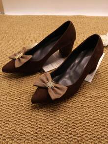 Women's Suede Pointed Toe Chunky Heel Pumps With Contrast Bow And Rhinestone Decor - Brown - View 3