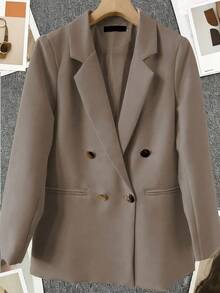 Spring/Summer Women's Solid Color Long Sleeve Double-Breasted Blazer, Notch Collar | Suitable For Dating, Parties, Outings And Holiday Celebrations - Khaki - View 3