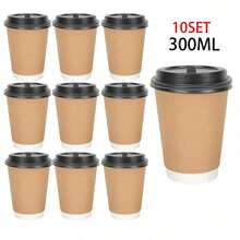 10 Sets 400ML/300ML Thick Kraft Paper Coffee Cups, Heat & Cold Resistant Paper Cup Body With Lid, Suitable For Coffee Shops & Bubble Tea Stores - Coffee Brown - View 10