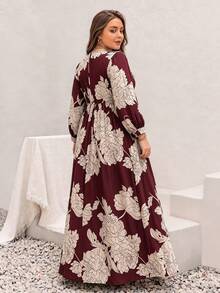 Rusttydustty Plus Size Women's Bohemian Style Loose Casual Burgundy Floral Print Maxi Dress, Suitable For Beach, Autumn, Halloween Vacation Elegant - Burgundy - View 8
