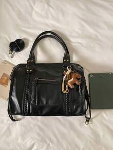 Tote Bag With Side Woven Texture And Star Pony Charm, Multi-Pocket Large Capacity, Hand-Carry And Crossbody, Zipper Closure, Vintage Distressed Motorcycle Style Boston Bag, Soft Leather Material, Practical For Daily Commute And Short Trips, Suitable For Young Women Who Prefer Vintage Cool Style - Black - View 9