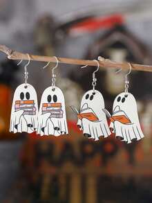 Whimsical Halloween Cute Bookworm Ghost Pendant Earrings, Vintage Wooden Gothic Party Double-Sided Ear Accessories, Bookworm Theme, Spooky Semester Jewelry, Gift For Women, Book Lovers, Party Enthusiasts And Halloween Fans, Library Gothic Style Accessory - Multicolor - View 2