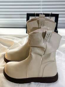 Women's Slouch Mid-Calf Boots, Round Toe, Thick Flat Sole, Heart Embossed, Pull-On, Beige Fashion Boots - Beige - View 1