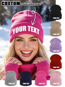 1pc Printed Knit Hat, Customized Text Logo Solid Color Elastic Winter Knit Hat, Outdoor Autumn/Winter Warm Essential Accessory, Women/Men Gift - Multicolor - View 1