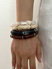 4pcs Multi-Layer Fashion Minimalist Elegant Exquisite Vintage Design Colorful White Brown Black CCB Splicing Asymmetrical Tie-Dye Pattern Elastic Beaded Bracelets Geometric Round Bracelet Set Holiday Vacation Party Date Gift Daily Commute Wear Personalized - Multicolor - View 4