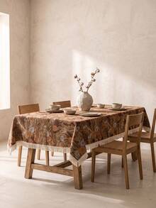 1pc Brown Base Vintage Autumn Floral Plant Print Tablecloth, Retro Natural Style Jacquard Fabric, Rectangular Beige Tassel Edge Detail, Stain-Resistant Desktop Protection Functional Long Tablecloth Suitable For Daily Home And Natural Dining Table Decor Scenes - Brown - View 3