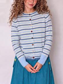 Women's New Casual Retro Striped Knit Cardigan, Long Sleeve Round Neck, Suitable For Autumn/Winter Daily Wear - Blue and White - View 5