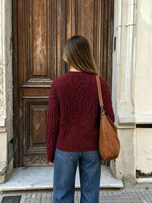 SUNSTORY Women's Autumn Burgundy Cable Knit Sweater, Round Neck 3D Pom-Pom Loose Pullover Top, Casual Basic Style, Suitable For Outings, Graduation Ceremonies, Concerts, Daily Commute - Burgundy - View 7