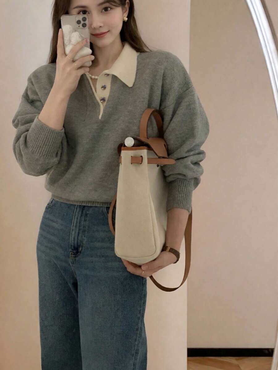 Alicedudu كنزة صوفية نسائية بتصميم ياقة ملونة، كاجوال للخريف/الشتاء - رمادي فاتح - مشاهدة 1