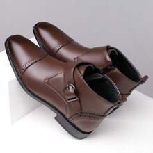 Men's Brogue Ankle Boots Pointed Toe Metal Buckle Decor Side Zipper Faux Leather Dress Ankle Boots With Buckle Plus Size 48 - Brown - View 5