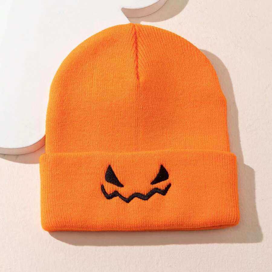 1pc Fashionable Ear-Protective Windproof Knitted Solid Color Beanie Hat With Halloween Pumpkin Embroidery, Unisex - Multicolor - View 1