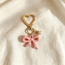Pink Bow Pearl Pendant Heart Buckle Keychain, Girly Style Bag Charm Small Gift - A - View 2
