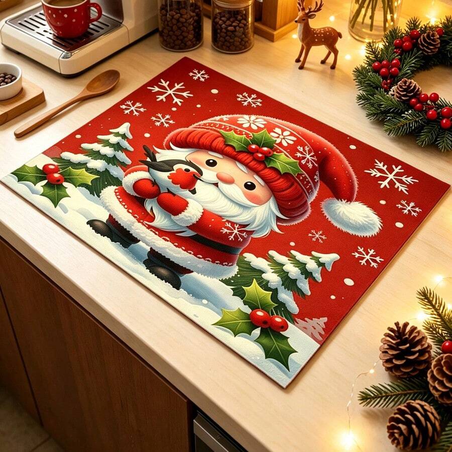 1pc Dish Drying Mat, Coffee Machine Mat, Santa Claus Pattern Dish Drying Mat, Desktop Absorbent Protective Pad, Suitable For Holiday Table Kitchen Winter Scenes, Multi-Purpose Drying Mat, Home Gift, Desktop Decoration