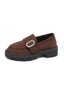 New Women's Rhinestone Decorated Suede Solid Color Retro Loafers Thick Platform Serrated Sole Slip-On Wedge Heels Fashion Versatile - Brown - View 8