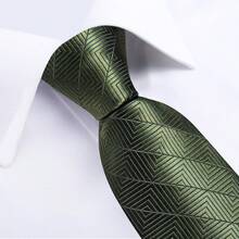 Men's Business Formal Tie 4-Piece Set Olive Green Rhombus Geometric Pattern Pocket Square Cufflinks Silver Tie Clip Wedding Outfit - Olive Green - View 3