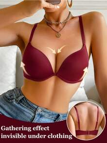 1件女款深V聚攏胸罩－無縫鋼圈內衣，光滑素色T恤胸罩，舒適托提，隱形貼合 - 酒紅色 - 查看 4