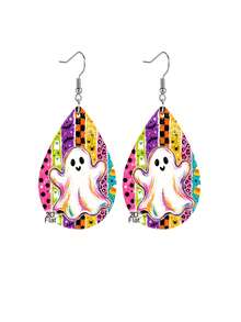 1 Pair Halloween Colorful Ghost Teardrop PU Leather Dangle Earrings, Spider Bat Print Drop Earrings For Women Holiday Party Jewelry Gift - Multicolor - View 5