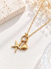 1pc Stainless Steel 18K Gold Plated Ocean Style Hollow Starfish & Scallop Shell Pendant OT Clasp Necklace - Multicolor - View 6