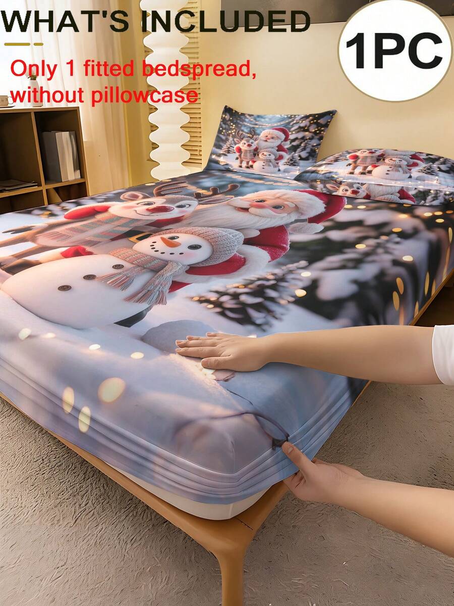 1PC Christmas Theme Fitted Sheet (Fitted Sheet Only, No Pillowcase), Santa Claus, Reindeer And Snowman Print Soft Bedding, Suitable For Bedroom, Guest Room, School Dormitory, Easy To Remove And Machine Washable All Season Mattress Protector, Perfect Christmas Gift For Parents And Friends - Multicolor - View 1