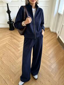 Women's Casual Hooded Sweatshirt And Wide Leg Pants 2 Pieces Set, Autumn Lounge Sets For Women - Navy - View 1