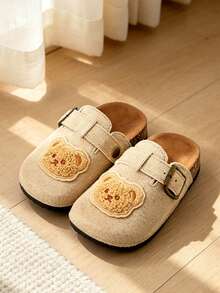 HAHABOBO Children's Beige Vintage Metal Buckle Closed Toe Slippers, Plush Bear Head Decor Soft Sole Autumn/Winter Shoes - Apricot - View 1