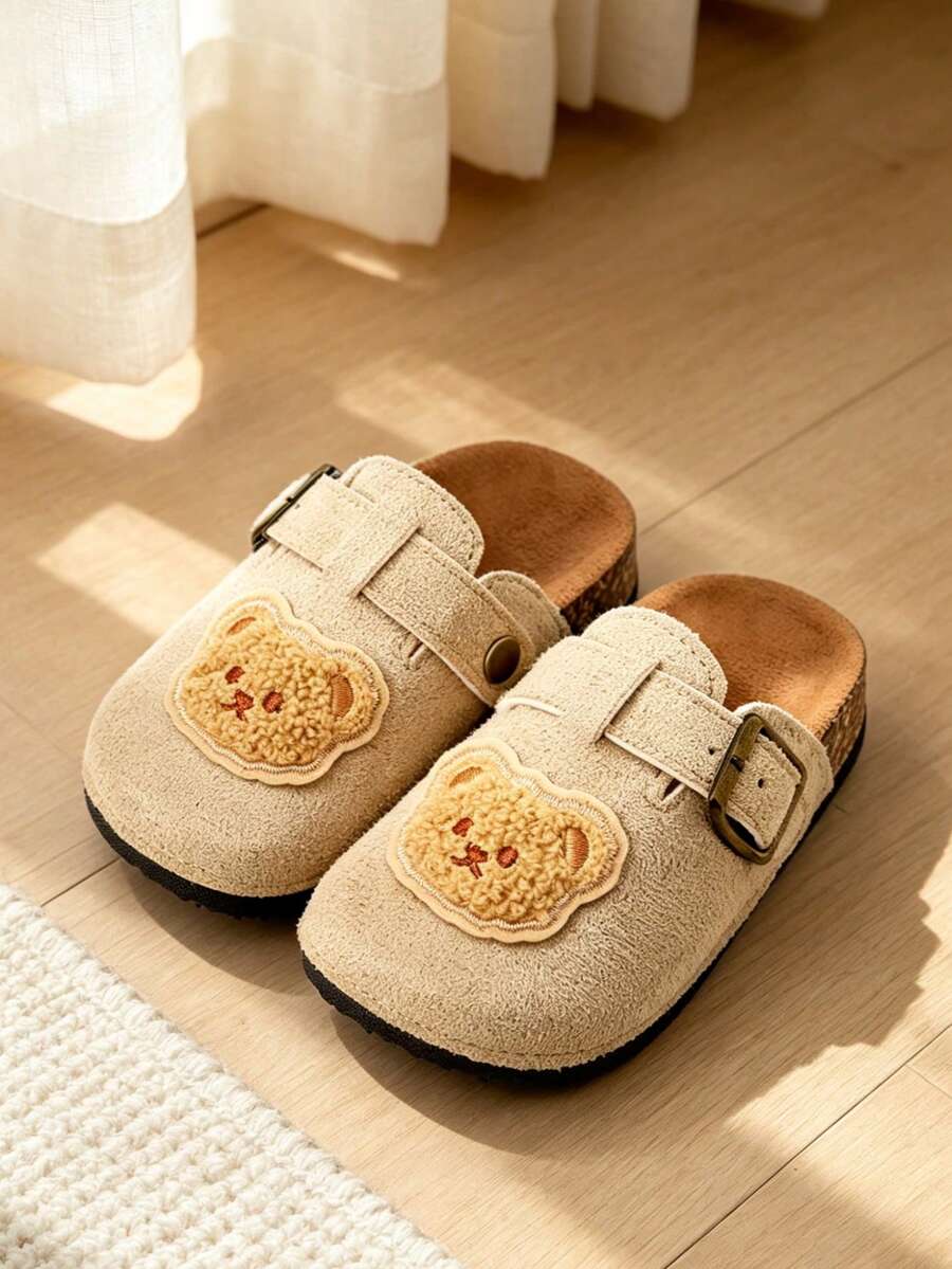 HAHABOBO Children's Beige Vintage Metal Buckle Closed Toe Slippers, Plush Bear Head Decor Soft Sole Autumn/Winter Shoes - Apricot - View 1