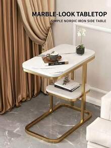 NEW 1 Piece Of Light, Luxurious, Double-Layer C-Shaped Side Table, Imitating A Marble Pattern, Suitable For A Side Table By The Sofa In The Living Room And A Small Coffee Table - Multicolor - View 1