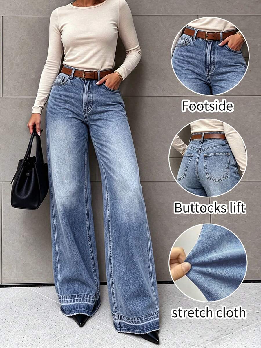 Light Wash Straight Leg Jeans, Suitable For Women's Casual Spring Wear, Button Decor, Medium Stretch Fabric, Long Length - Light Wash - View 1