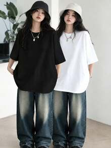 2pcs/Set Women's Casual Loose Round Neck Short Sleeve T-Shirt, Versatile Solid Color, Spring/Summer - Black + White - View 2