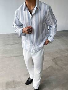 GloMan Men's Pure Cotton Blue & White Striped Button Long Sleeve Shirt, Suitable For Business, Family Gathering, Office Commute, Party, Gift For Husband/Father - Blue and White - View 2