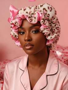 Women Leopard Print Plush Satin Teddy Bonnet-Elastic With Bow, Cute Ear Design Night Hair Wrap For Hair Protection - A - View 8