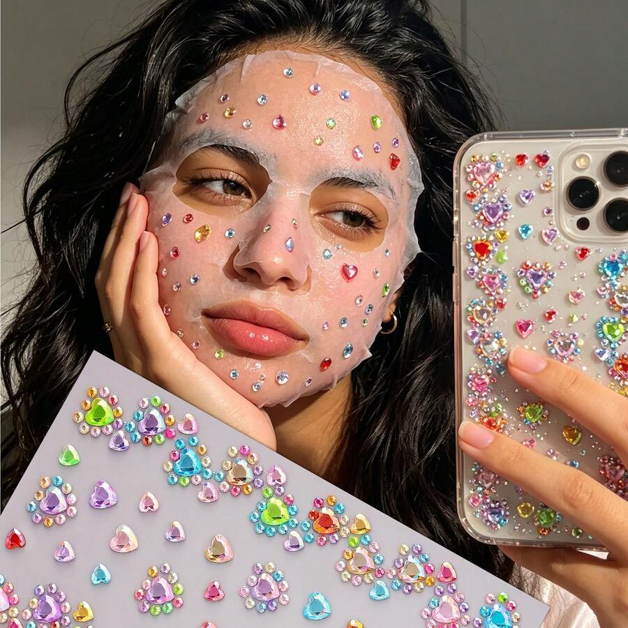 1 Sheets Self-Adhesive Colorful Heart Rhinestone Face Gems Stickers, Rainbow Bling Crystal Jewel Stickers, Reusable Face Rhinestones For Rave Festival, Halloween Party Makeup, DIY Phone Case, Scrapbooking, Nail Art Craft Decorations - Multicolor - View 1
