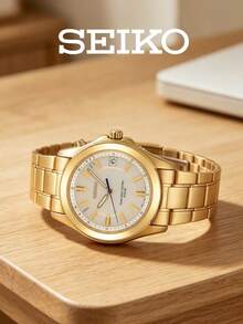 Seiko SBTM076J Men's Solar Quartz Watch, Gold Stainless Steel Business Wristwatch With Date Display, Perfect Gift For Him - Yellow - View 3